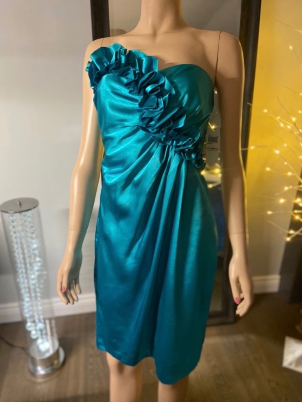 NWT: London Times Teal Turquoise Satin Strapless Ruched Floral Dress (Size 10)